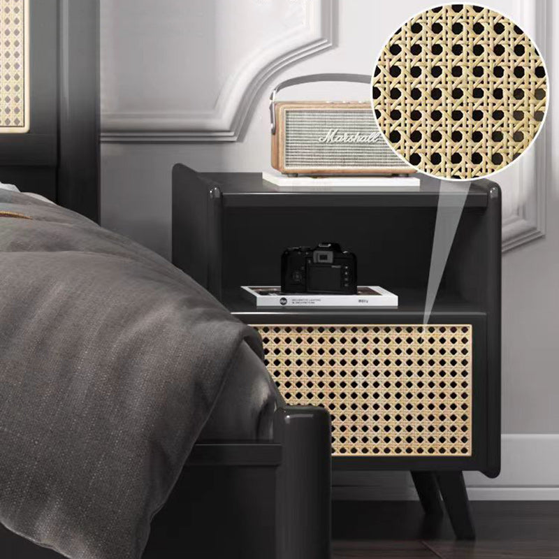 Traditional Chinese Solid Wood Rattan Square Cylinder Hollow Nightstand With 1-Drawer For Bedroom