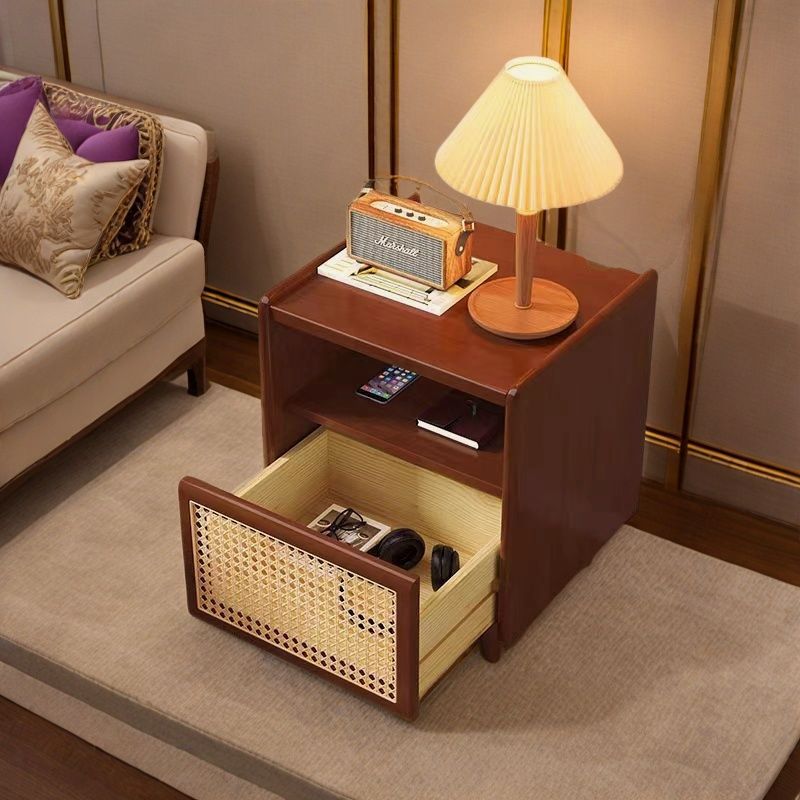 Traditional Chinese Solid Wood Rattan Square Cylinder Hollow Nightstand With 1-Drawer For Bedroom