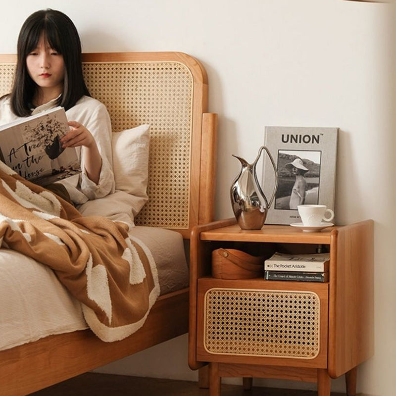 Traditional Chinese Solid Wood Rattan Square Cylinder Hollow Nightstand With 1-Drawer For Bedroom