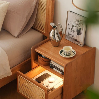 Traditional Chinese Solid Wood Rattan Square Cylinder Hollow Nightstand With 1-Drawer For Bedroom