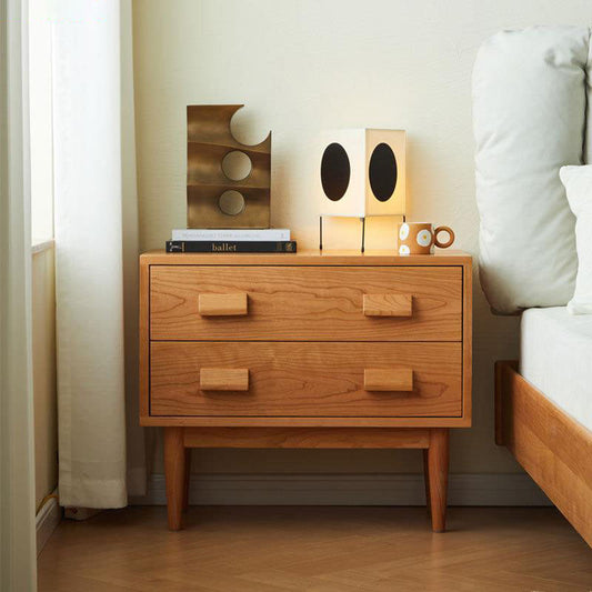 Contemporary Scandinavian Solid Wood Rectangular Cylindrical Nightstand 2-Drawer For Bedroom