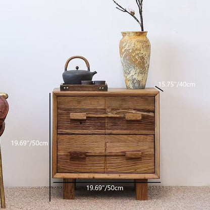 Traditional Chinese Solid Wood Textured Square Nightstand 2-Drawer For Bedroom