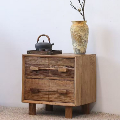 Traditional Chinese Solid Wood Textured Square Nightstand 2-Drawer For Bedroom
