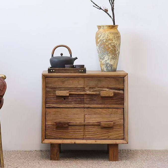 Traditional Chinese Solid Wood Textured Square Nightstand 2-Drawer For Bedroom