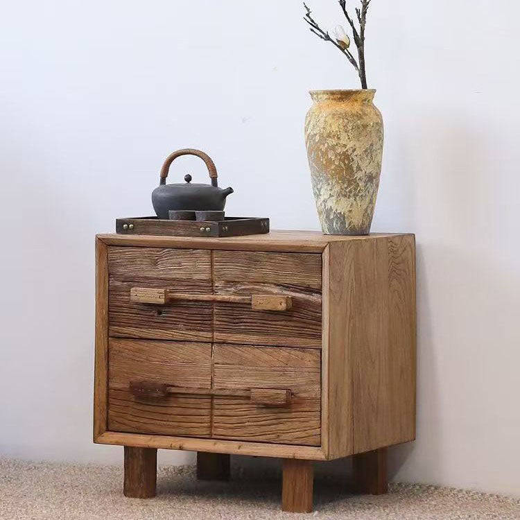 Traditional Chinese Solid Wood Textured Square Nightstand 2-Drawer For Bedroom