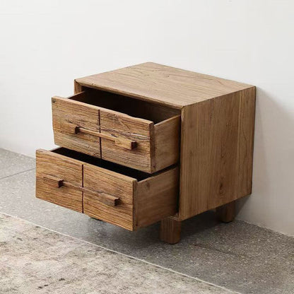 Traditional Chinese Solid Wood Textured Square Nightstand 2-Drawer For Bedroom