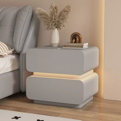 Modern Minimalist Nappa Leather Solid Wood Rounded Rectangular Nightstand With 2 Drawers For Bedroom