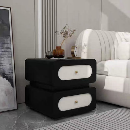 Traditional French Solid Wood Microfiber Leather Rounded Rectangle Nightstand 2-Drawer For Bedroom