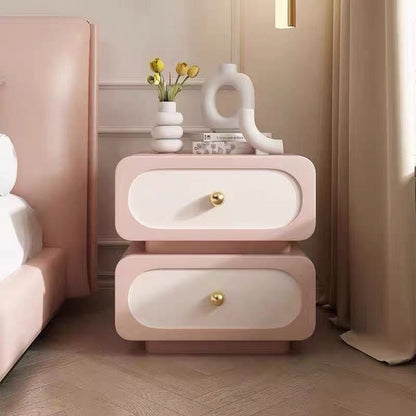 Traditional French Solid Wood Microfiber Leather Rounded Rectangle Nightstand 2-Drawer For Bedroom