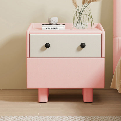 Contemporary Creative Solid Wood Faux Leather Metal Rounded Rectangular Nightstand 2-Drawer For Bedroom