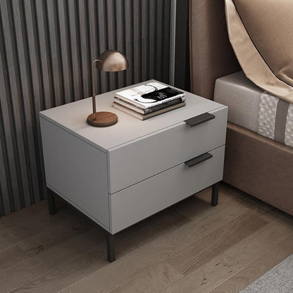 Modern Minimalist Solid Wood Carbon Steel Metal Square Rectangular Nightstand With 2 Drawers For Bedroom