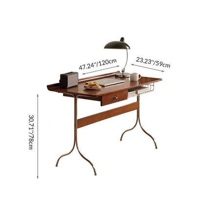 Traditional Mid-Century Cherry Wood Stainless Steel Y-Shaped Rectangular Desk 1-Tier For Bedroom