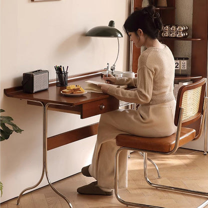 Traditional Mid-Century Cherry Wood Stainless Steel Y-Shaped Rectangular Desk 1-Tier For Bedroom
