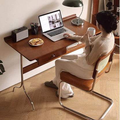 Traditional Mid-Century Cherry Wood Stainless Steel Y-Shaped Rectangular Desk 1-Tier For Bedroom