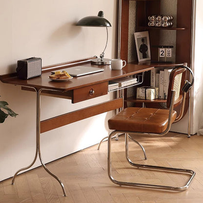 Traditional Mid-Century Cherry Wood Stainless Steel Y-Shaped Rectangular Desk 1-Tier For Bedroom