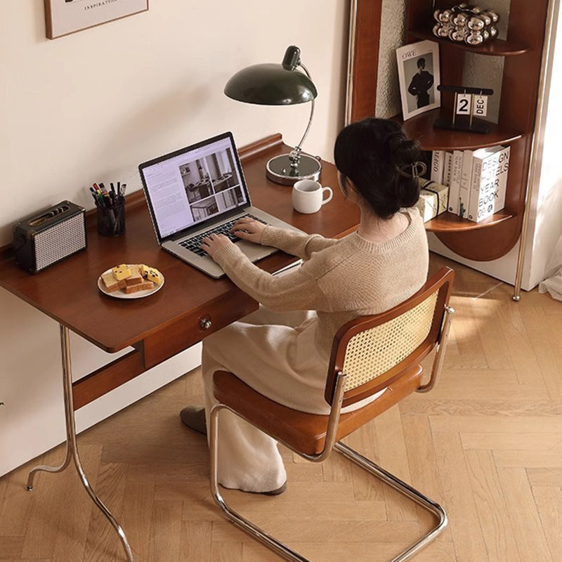 Traditional Mid-Century Cherry Wood Stainless Steel Y-Shaped Rectangular Desk 1-Tier For Bedroom