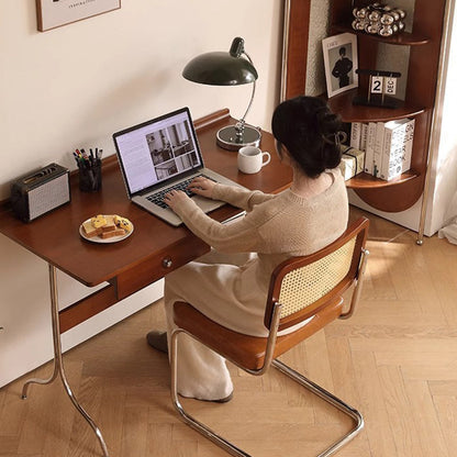 Traditional Mid-Century Cherry Wood Stainless Steel Y-Shaped Rectangular Desk 1-Tier For Bedroom