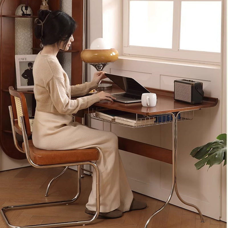 Traditional Mid-Century Cherry Wood Stainless Steel Y-Shaped Rectangular Desk 1-Tier For Bedroom