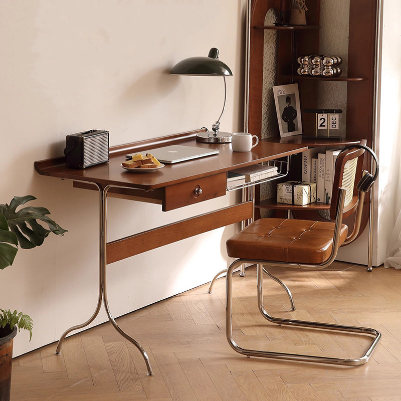 Traditional Mid-Century Cherry Wood Stainless Steel Y-Shaped Rectangular Desk 1-Tier For Bedroom