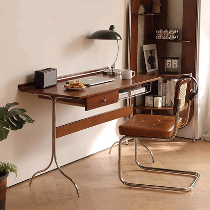 Traditional Mid-Century Cherry Wood Stainless Steel Y-Shaped Rectangular Desk 1-Tier For Bedroom