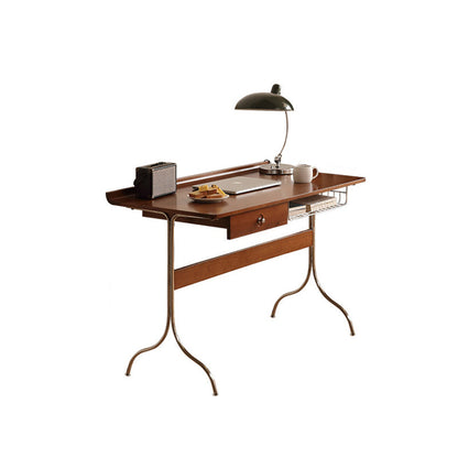 Traditional Mid-Century Cherry Wood Stainless Steel Y-Shaped Rectangular Desk 1-Tier For Bedroom