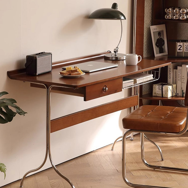 Traditional Mid-Century Cherry Wood Stainless Steel Y-Shaped Rectangular Desk 1-Tier For Bedroom