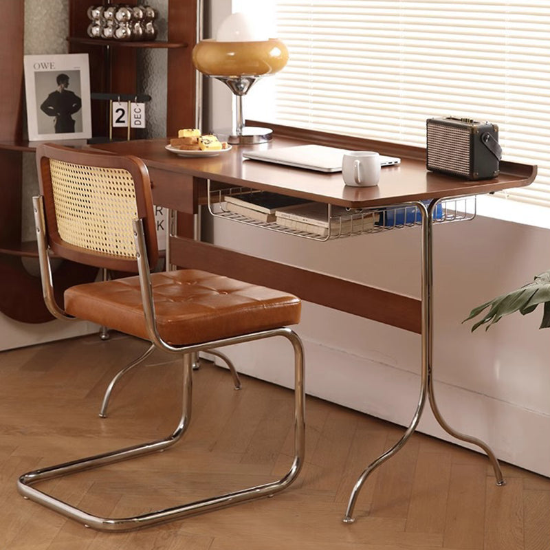Traditional Mid-Century Cherry Wood Stainless Steel Y-Shaped Rectangular Desk 1-Tier For Bedroom