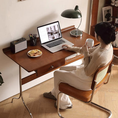 Traditional Mid-Century Cherry Wood Stainless Steel Y-Shaped Rectangular Desk 1-Tier For Bedroom