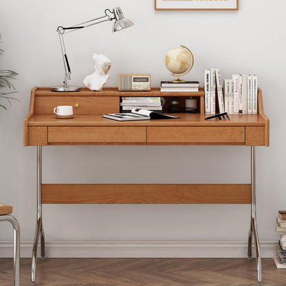 Contemporary Scandinavian Pine Wood Cherry Wood Stainless Steel Rectangular Curved Desk 3-Drawer For Bedroom