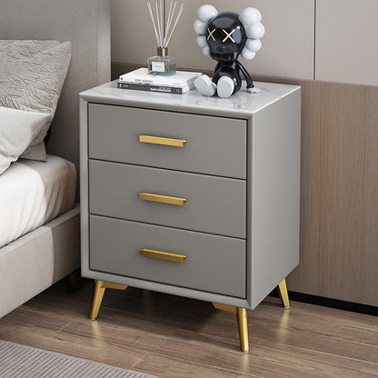 Modern Luxury Microfiber Leather Solid Wood Sintered Stone Carbon Steel Rectangular Nightstand 3-Drawer For Bedroom