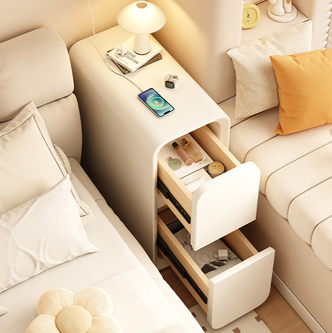 Modern Minimalist Solid Wood Metal Microfiber Leather Rounded Rectangle Nightstand With 2 Drawers For Bedroom