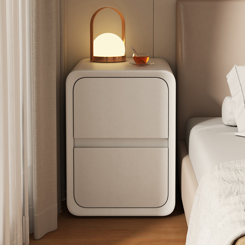 Modern Minimalist Solid Wood Metal Microfiber Leather Rounded Rectangle Nightstand With 2 Drawers For Bedroom