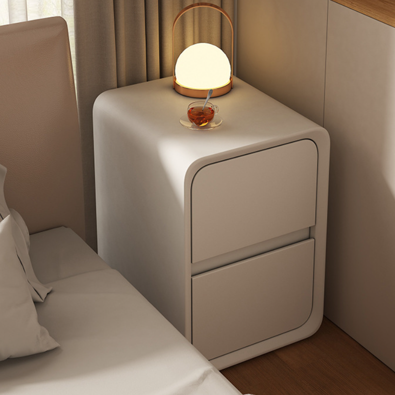 Modern Minimalist Solid Wood Metal Microfiber Leather Rounded Rectangle Nightstand With 2 Drawers For Bedroom
