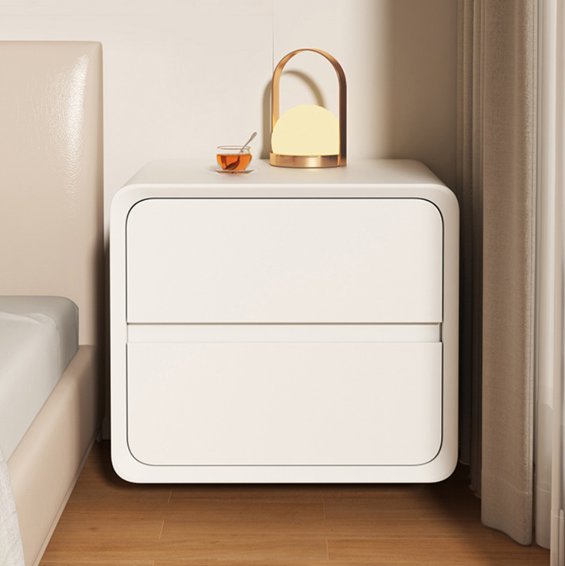 Modern Minimalist Solid Wood Metal Microfiber Leather Rounded Rectangle Nightstand With 2 Drawers For Bedroom