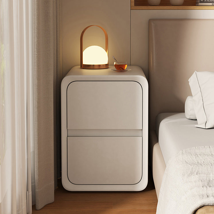 Modern Minimalist Solid Wood Metal Microfiber Leather Rounded Rectangle Nightstand With 2 Drawers For Bedroom