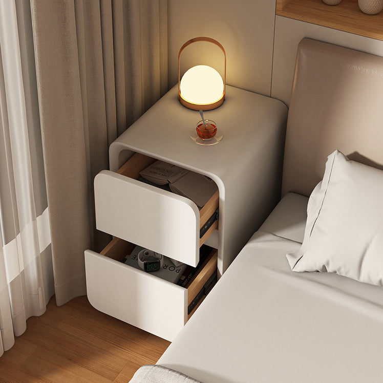 Modern Minimalist Solid Wood Metal Microfiber Leather Rounded Rectangle Nightstand With 2 Drawers For Bedroom