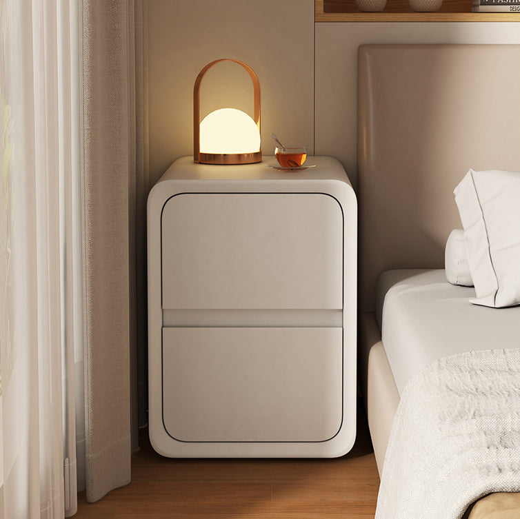 Modern Minimalist Solid Wood Metal Microfiber Leather Rounded Rectangle Nightstand With 2 Drawers For Bedroom