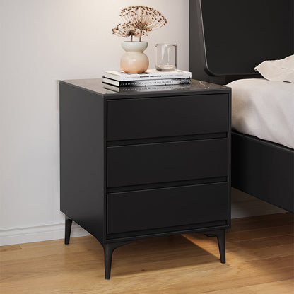 Modern Luxury Solid Wood Sintered Stone Metal Rectangular Nightstand With 3 Drawers For Bedroom