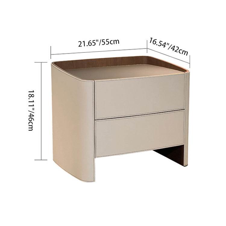 Contemporary Scandinavian Solid Wood Board Saddle Leather Metal Rounded Square Nightstand With 2 Drawers For Bedroom