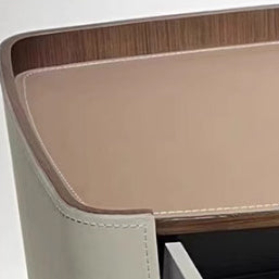 Contemporary Scandinavian Solid Wood Board Saddle Leather Metal Rounded Square Nightstand With 2 Drawers For Bedroom