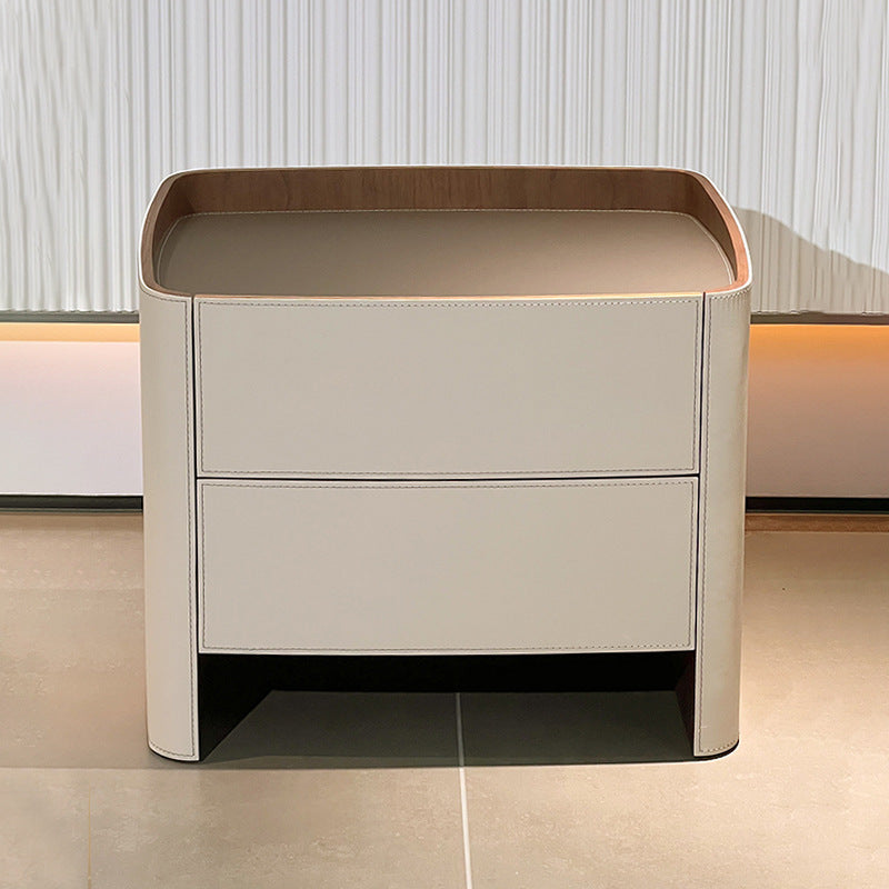 Contemporary Scandinavian Solid Wood Board Saddle Leather Metal Rounded Square Nightstand With 2 Drawers For Bedroom