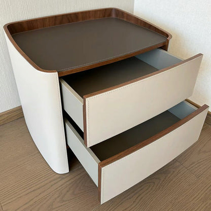 Contemporary Scandinavian Solid Wood Board Saddle Leather Metal Rounded Square Nightstand With 2 Drawers For Bedroom
