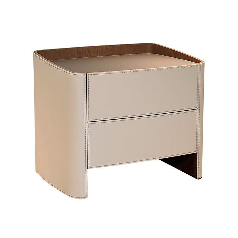 Contemporary Scandinavian Solid Wood Board Saddle Leather Metal Rounded Square Nightstand With 2 Drawers For Bedroom