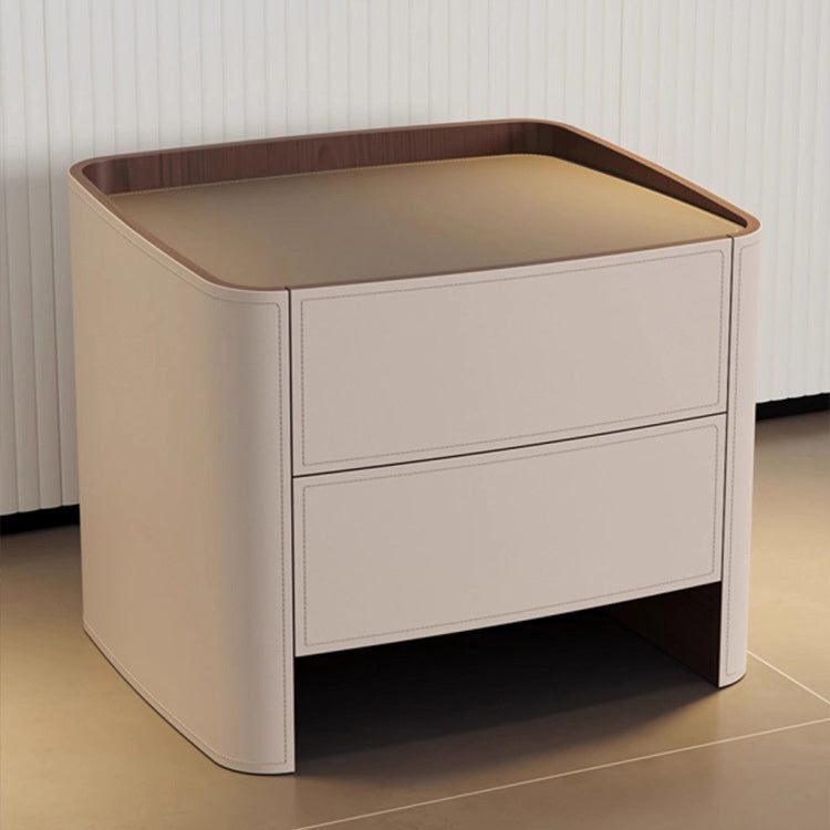 Contemporary Scandinavian Solid Wood Board Saddle Leather Metal Rounded Square Nightstand With 2 Drawers For Bedroom