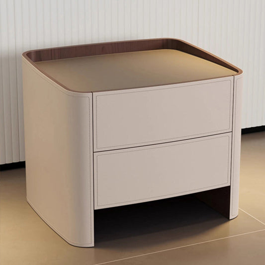 Contemporary Scandinavian Solid Wood Board Saddle Leather Metal Rounded Square Nightstand With 2 Drawers For Bedroom
