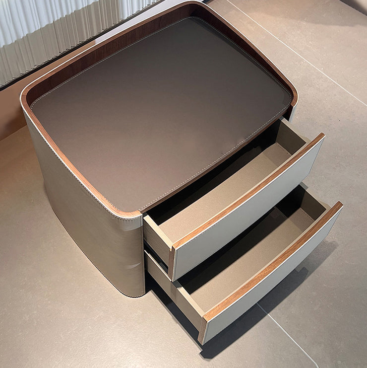 Contemporary Scandinavian Solid Wood Board Saddle Leather Metal Rounded Square Nightstand With 2 Drawers For Bedroom