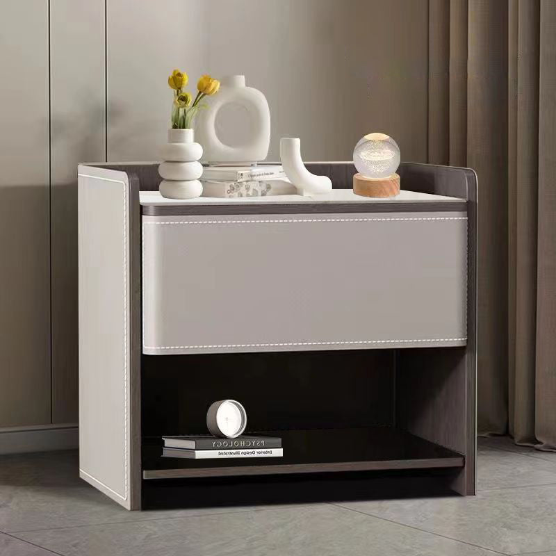 Contemporary Scandinavian Saddle Leather Sintered Stone Solid Wood Rounded Square Nightstand With 2 Tiers For Bedroom