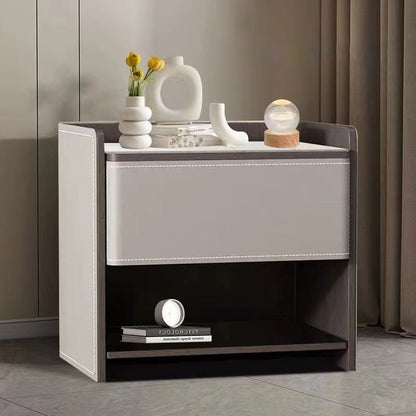 Contemporary Scandinavian Saddle Leather Sintered Stone Solid Wood Rounded Square Nightstand With 2 Tiers For Bedroom