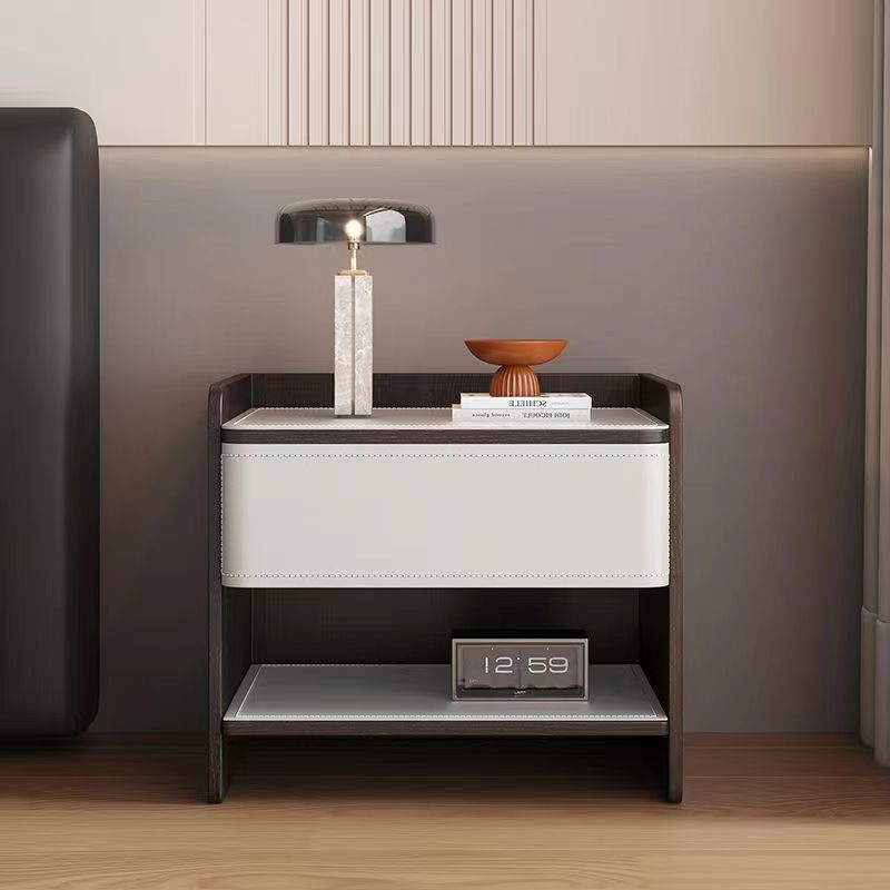 Contemporary Scandinavian Saddle Leather Sintered Stone Solid Wood Rounded Square Nightstand With 2 Tiers For Bedroom