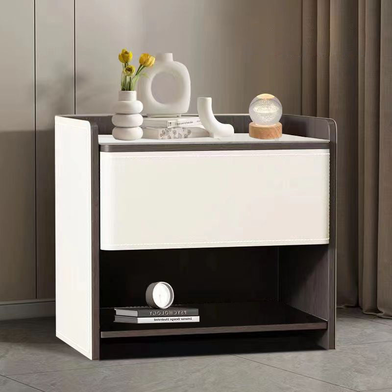 Contemporary Scandinavian Saddle Leather Sintered Stone Solid Wood Rounded Square Nightstand With 2 Tiers For Bedroom